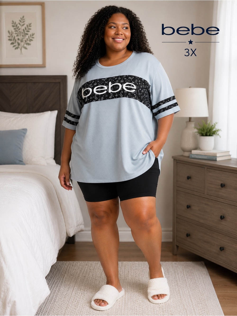 Bebe Sport 3X Gray Textured Logo Tee Oversized Athleisure Top Plus Size
